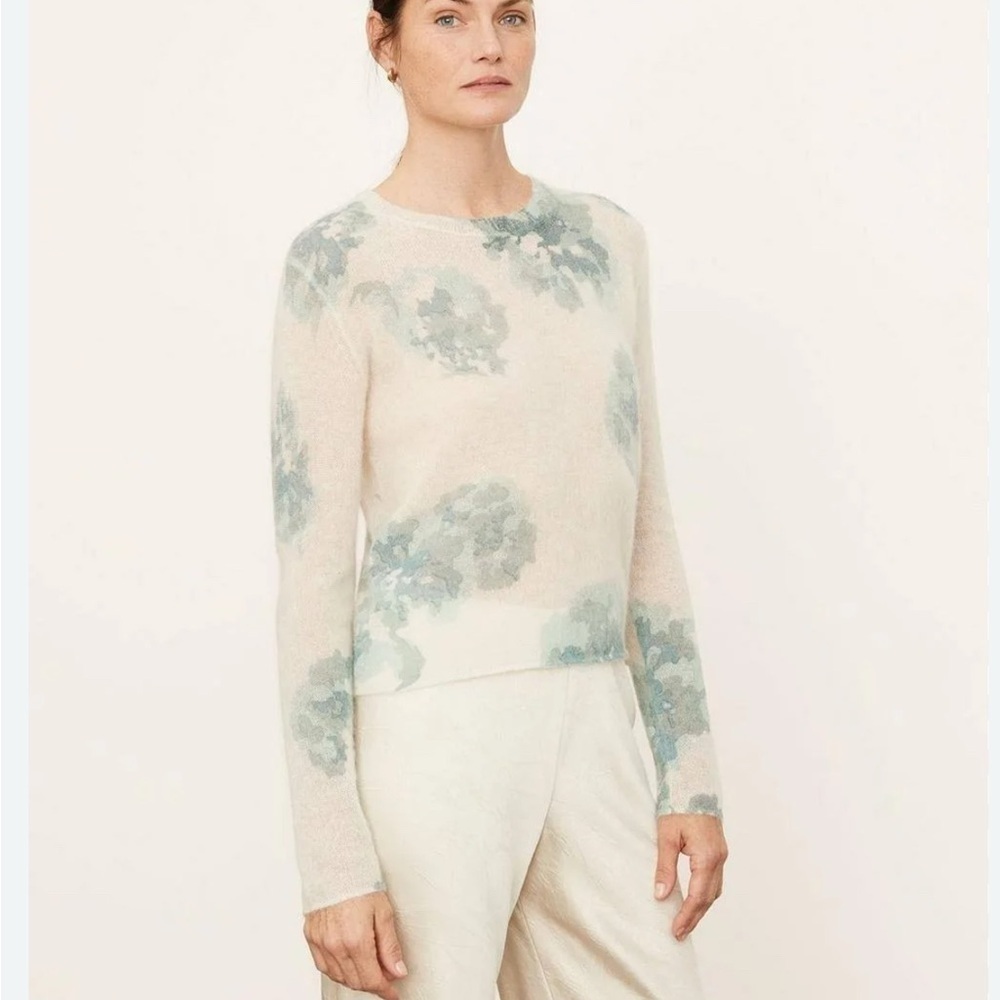 Vince Dahlia Alpaca & Mohair Floral Print Sweater in Cream and Blue - Picture 2 of 9